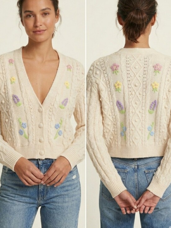 Zara Sweaters - Zara Floral Embroidered Cable Knit Cardigan Sweater Cottagecore Grandpa Chic L
